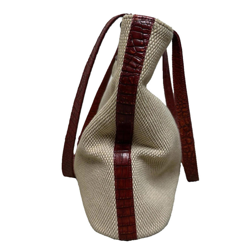 Brahmin Vintage Natural Canvas Fabric Croc Red Leather Tote Shoulder Bag Medium - Picture 5 of 9